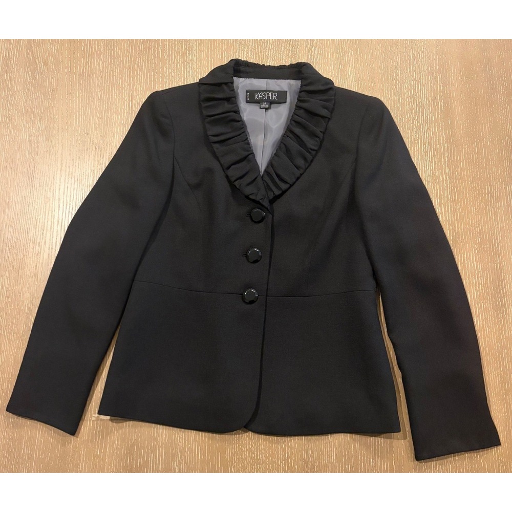 Kasper Petite Black Ruffle Collar Blazer Jacket Size 2P 3-Button Professional